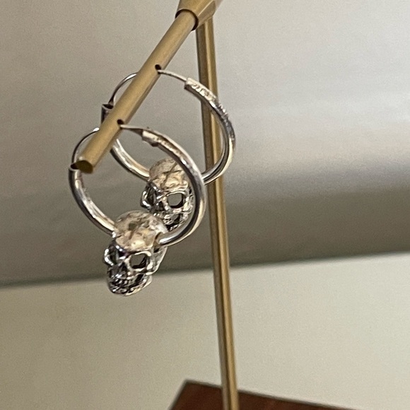 Skull Hoop Earrings - Silver hoop earrings with skull charms - Picture 2 of 4